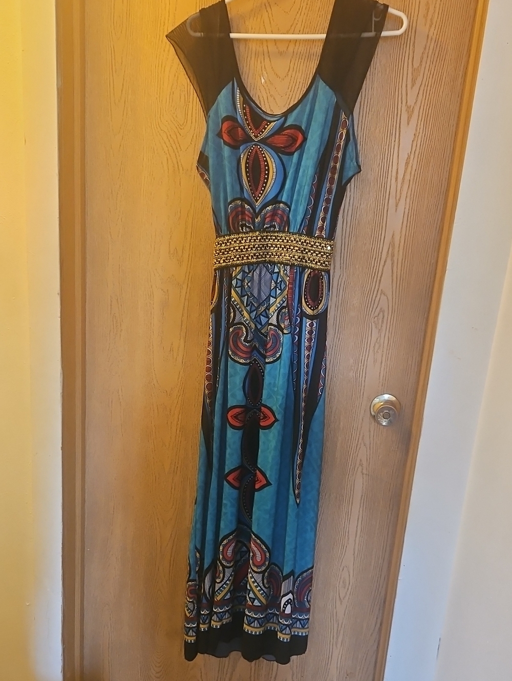 Blue Patterned Sleeveless Maxi Dress with Embellished Waist